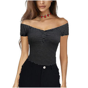 E-BAIHUI Women's Off Shoulder Black Stripe T Shirt